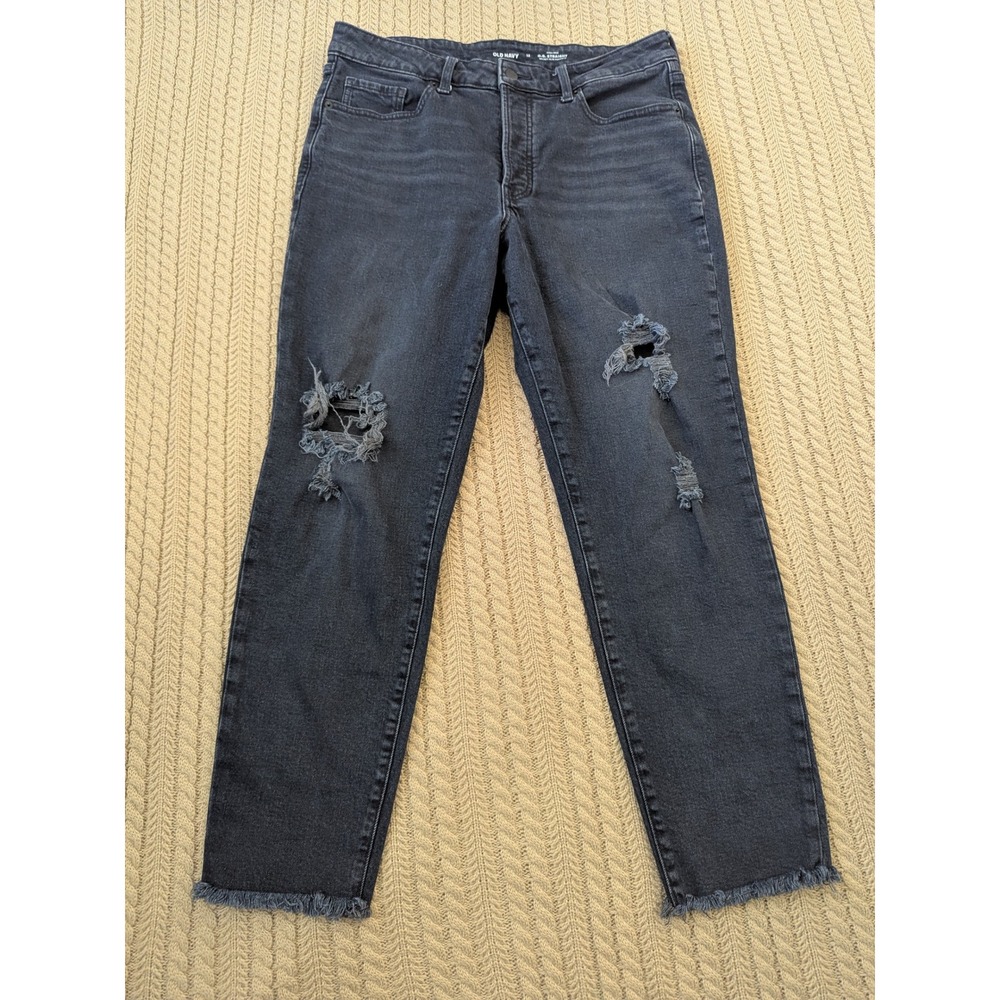 Old Navy OG Straight High Rise Distressed Jeans Black Frayed Hem Button Fly 12